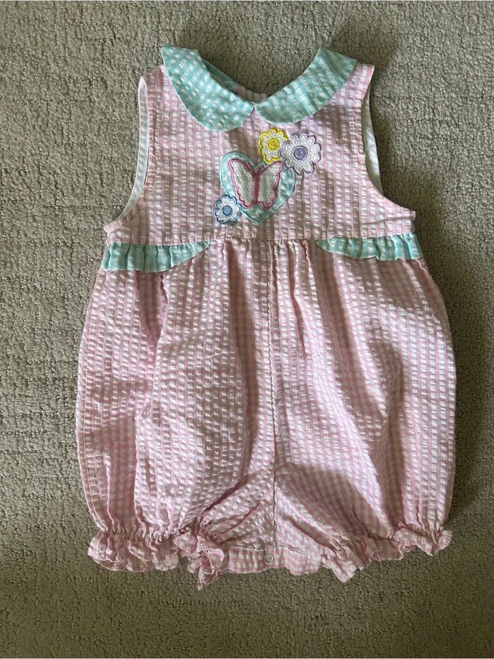 Vintage Y2K gingham seersucker baby girl romper 12 months floral butterfly